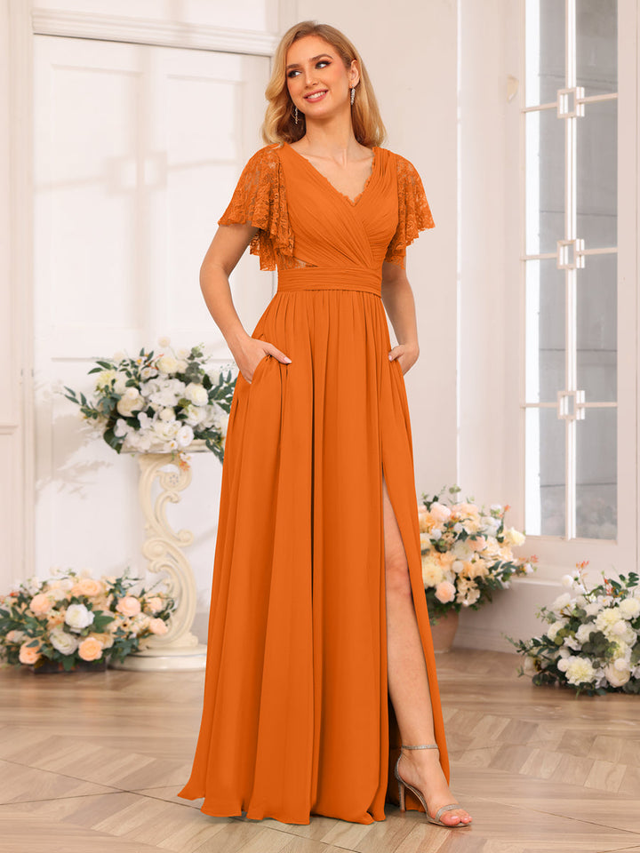 A-Line/Princess V-Neck Long Wedding Party Dresses with Split Side &amp; Pockets