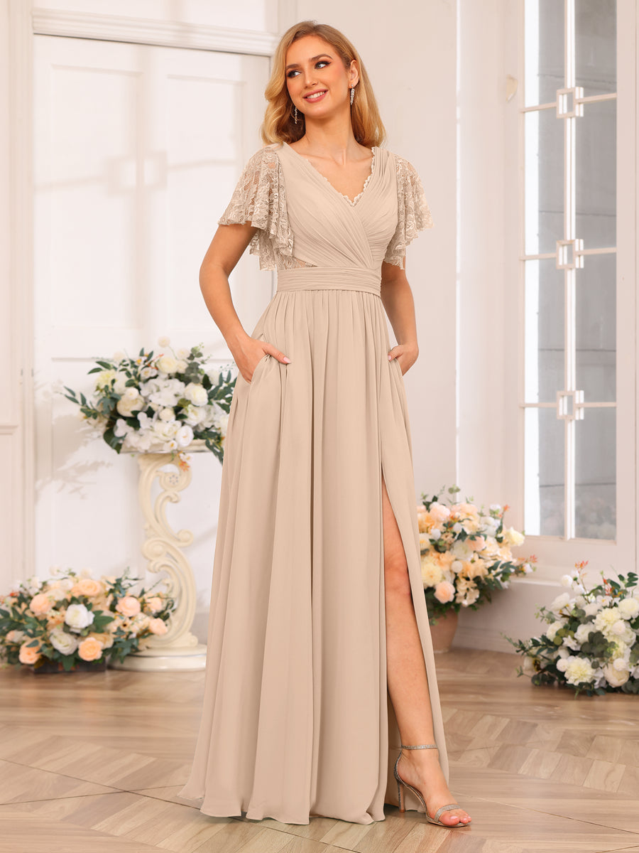 A-Line/Princess V-Neck Long Wedding Party Dresses with Split Side &amp; Pockets
