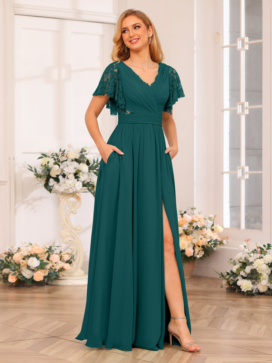 A-Line/Princess V-Neck Long Wedding Party Dresses with Split Side &amp; Pockets