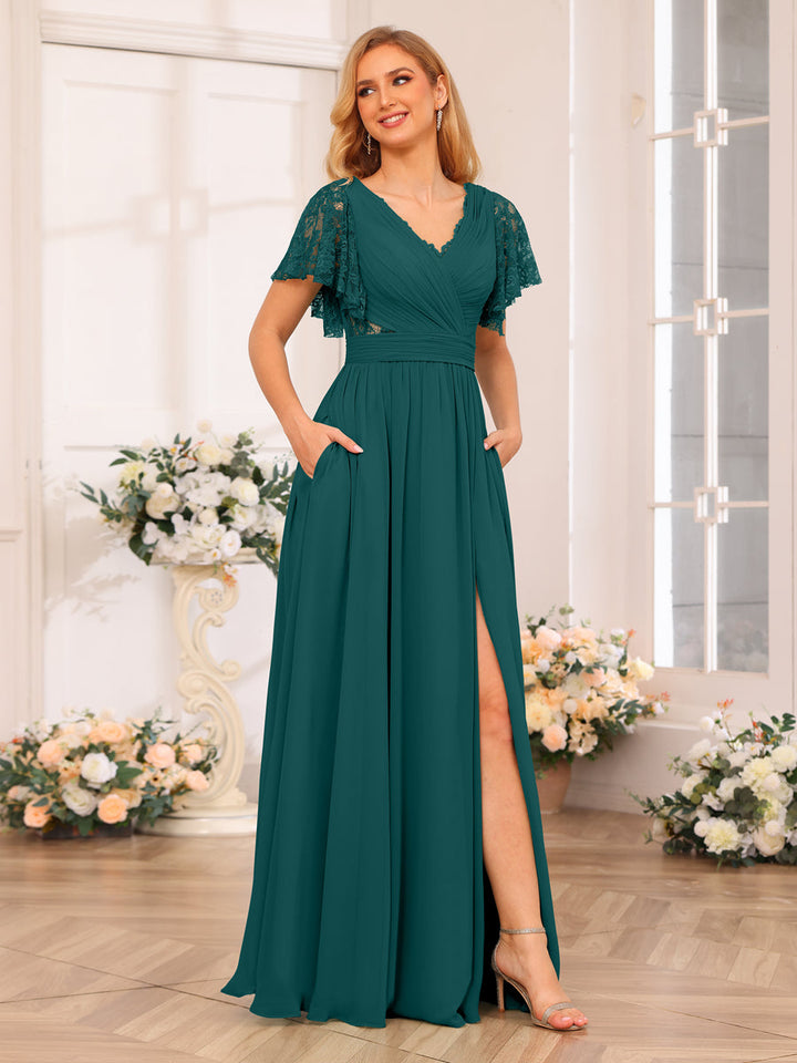 A-Line/Princess V-Neck Long Wedding Party Dresses with Split Side &amp; Pockets