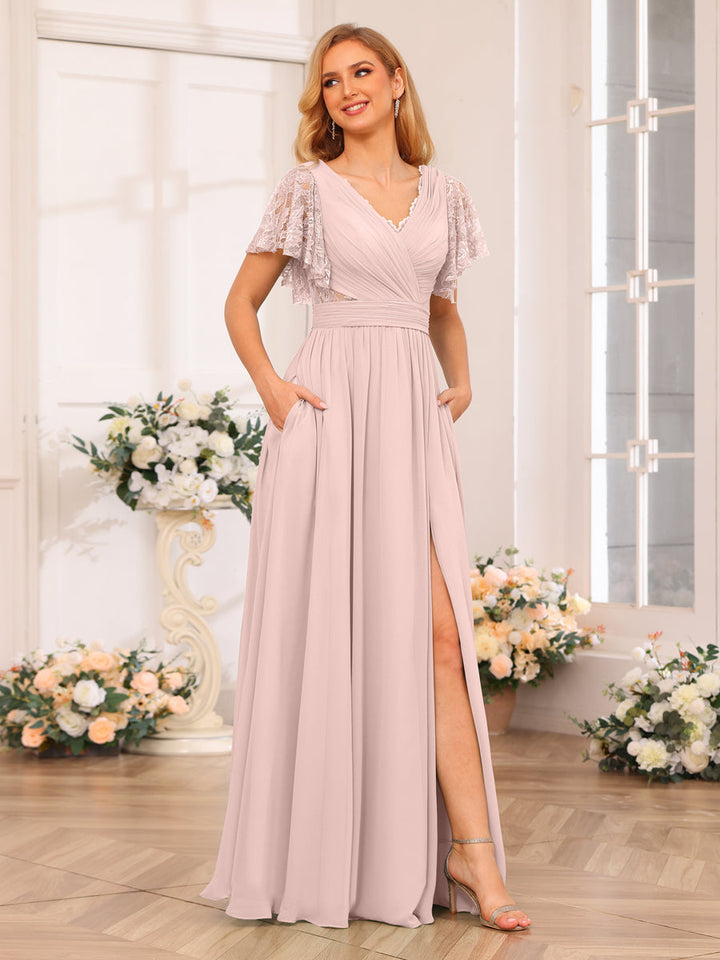 A-Line/Princess V-Neck Long Wedding Party Dresses with Split Side &amp; Pockets