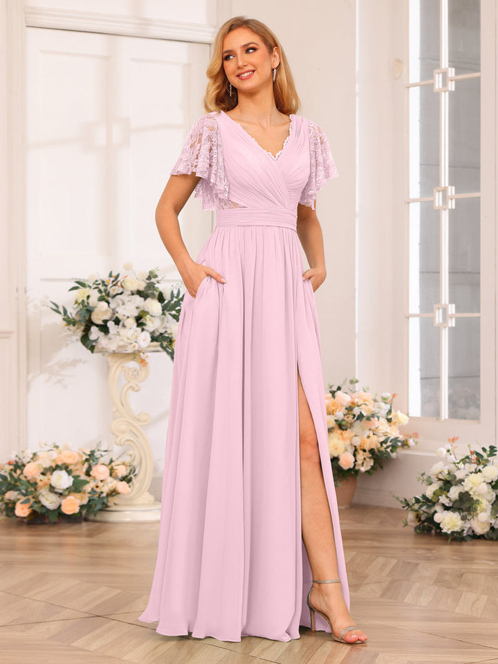A-Line/Princess V-Neck Long Wedding Party Dresses with Split Side &amp; Pockets