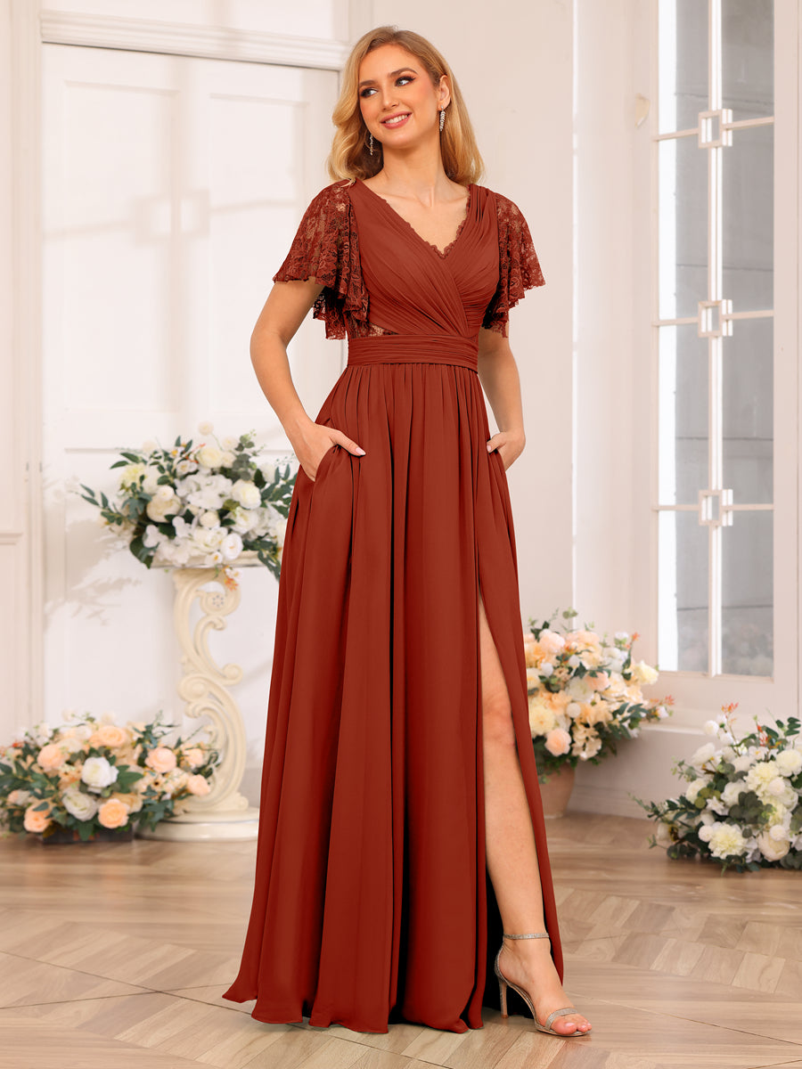 A-Line/Princess V-Neck Long Wedding Party Dresses with Split Side &amp; Pockets