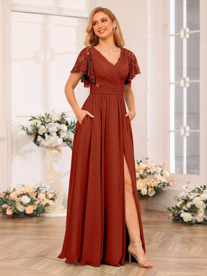 A-Line/Princess V-Neck Long Wedding Party Dresses with Split Side &amp; Pockets
