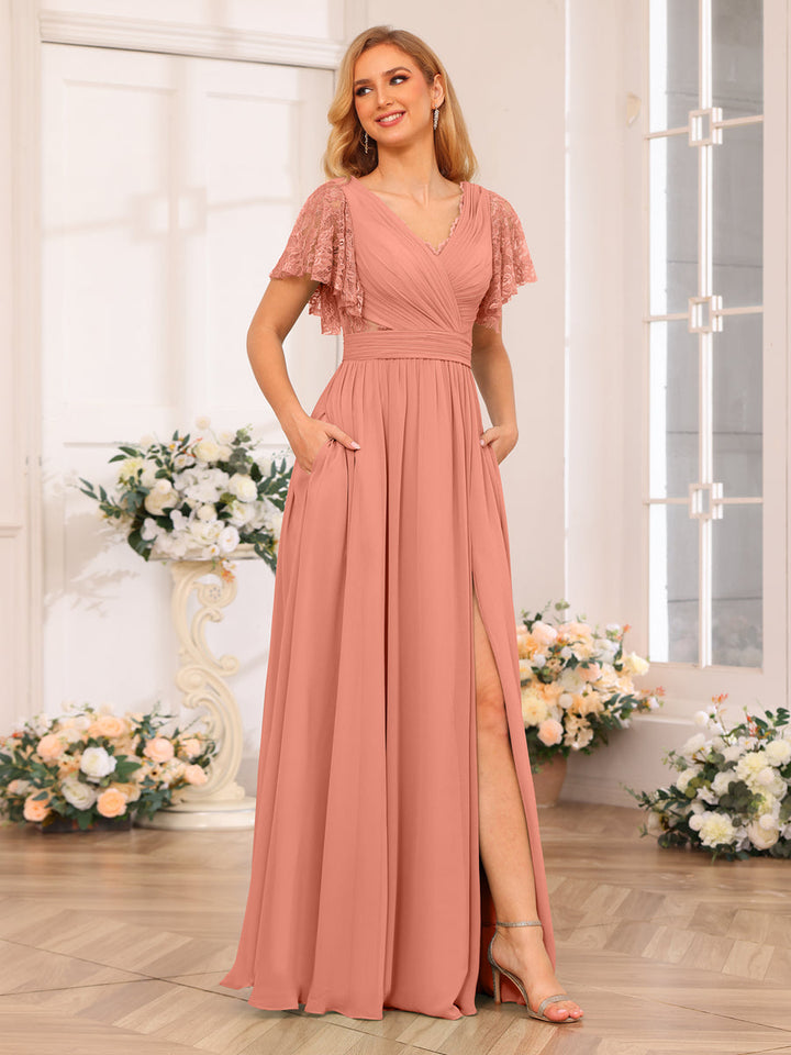 A-Line/Princess V-Neck Long Wedding Party Dresses with Split Side &amp; Pockets