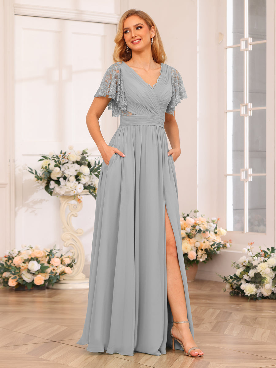 A-Line/Princess V-Neck Long Wedding Party Dresses with Split Side &amp; Pockets