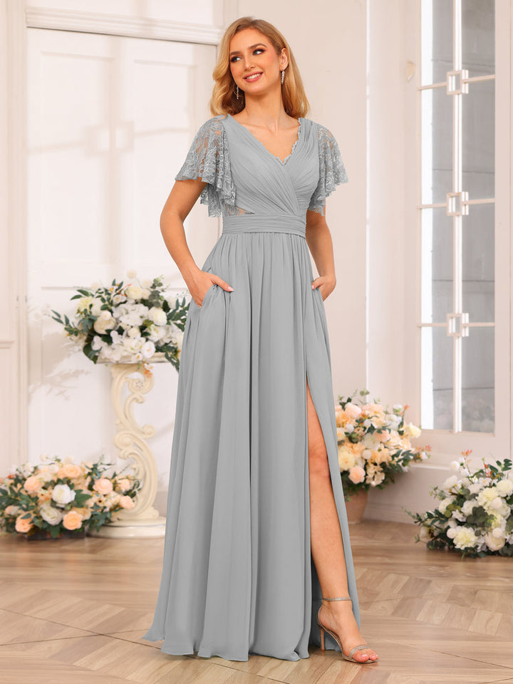 A-Line/Princess V-Neck Long Wedding Party Dresses with Split Side &amp; Pockets