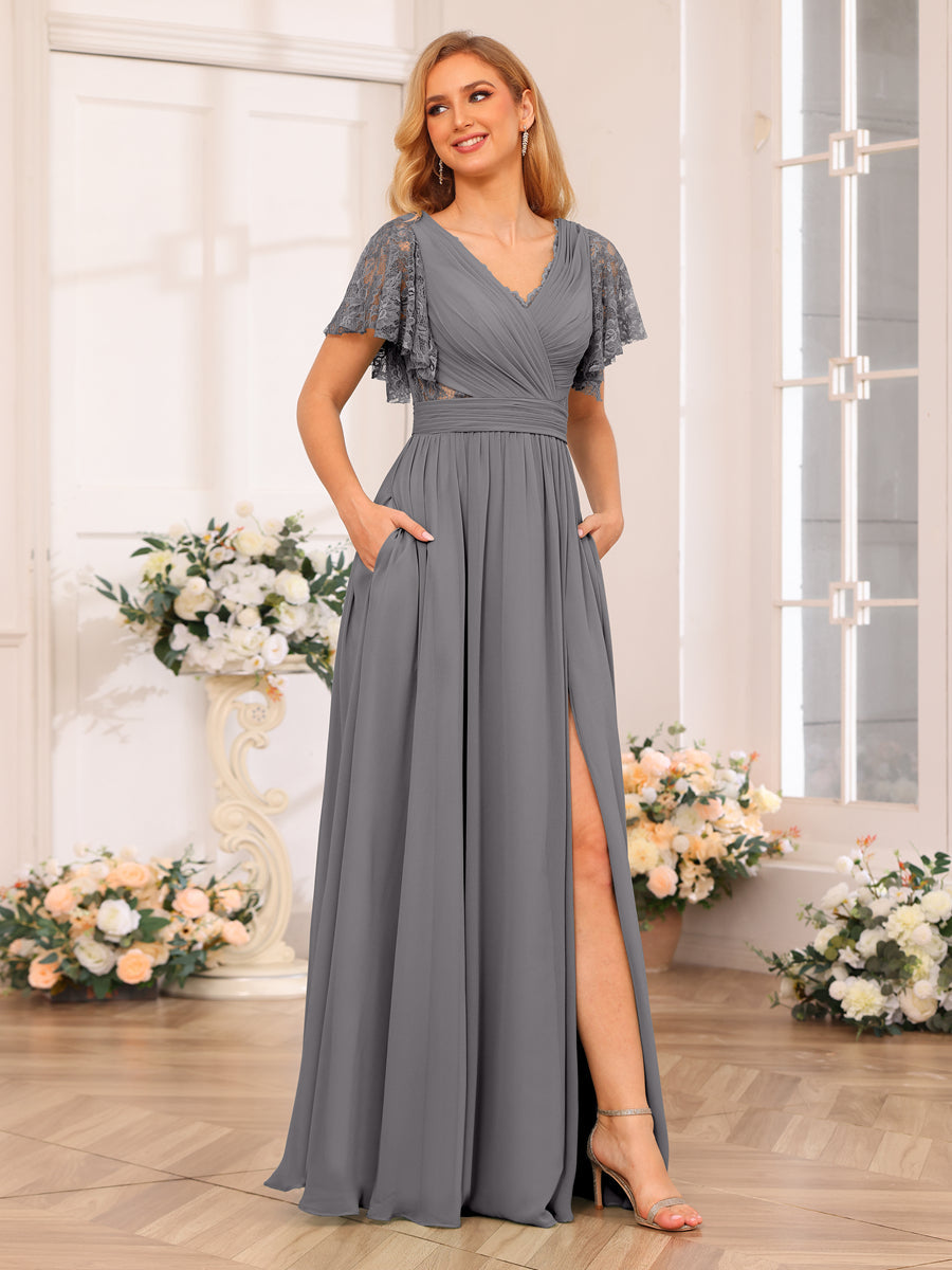 A-Line/Princess V-Neck Long Wedding Party Dresses with Split Side &amp; Pockets