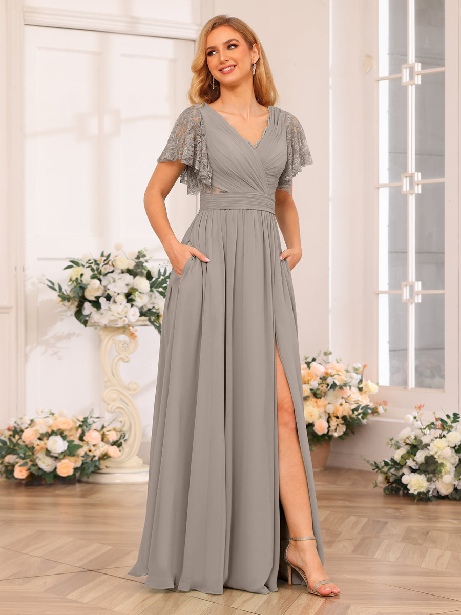A-Line/Princess V-Neck Long Wedding Party Dresses with Split Side &amp; Pockets