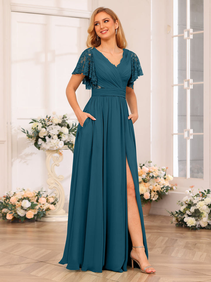 A-Line/Princess V-Neck Long Wedding Party Dresses with Split Side &amp; Pockets