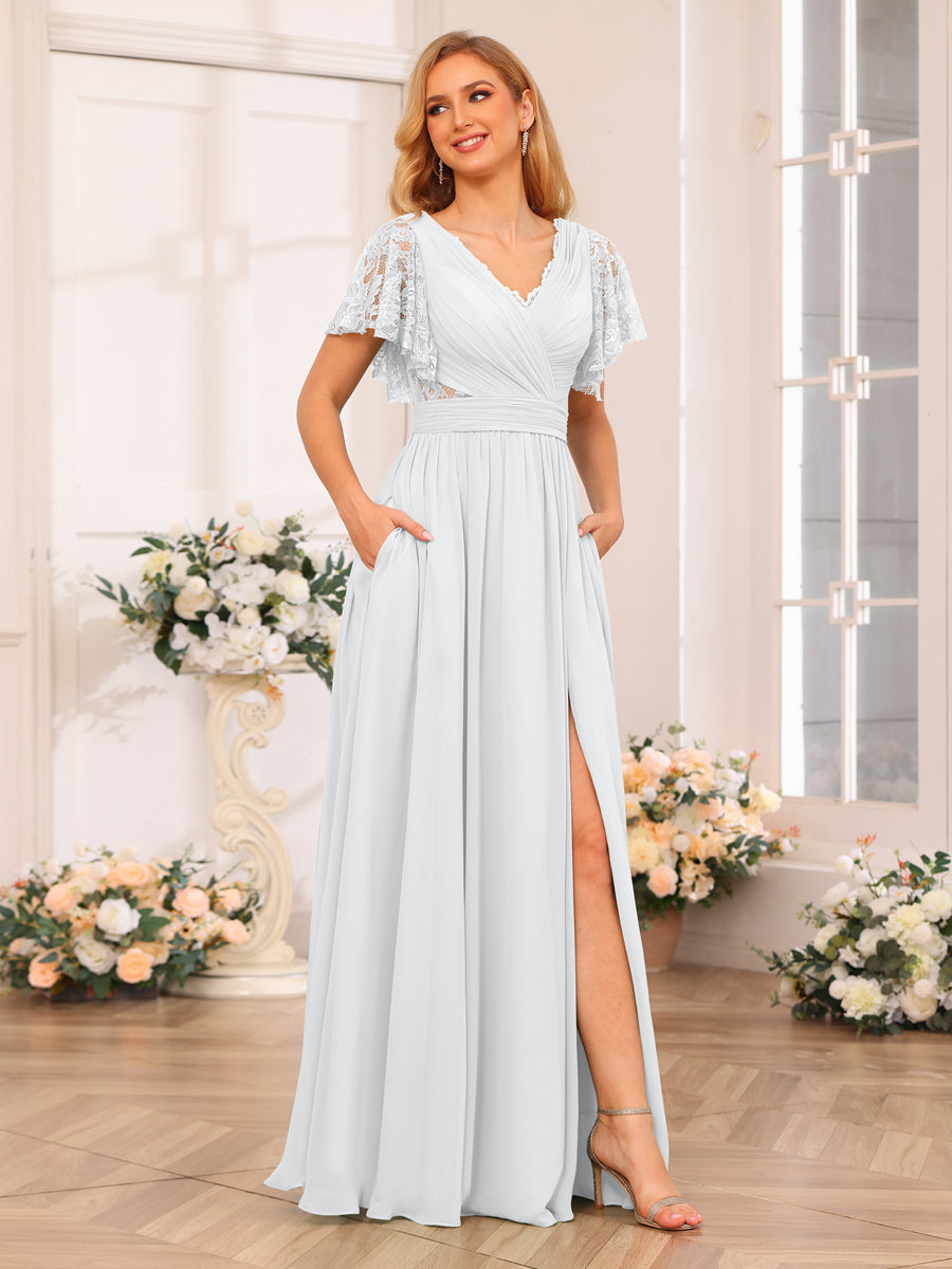 A-Line/Princess V-Neck Long Wedding Party Dresses with Split Side &amp; Pockets