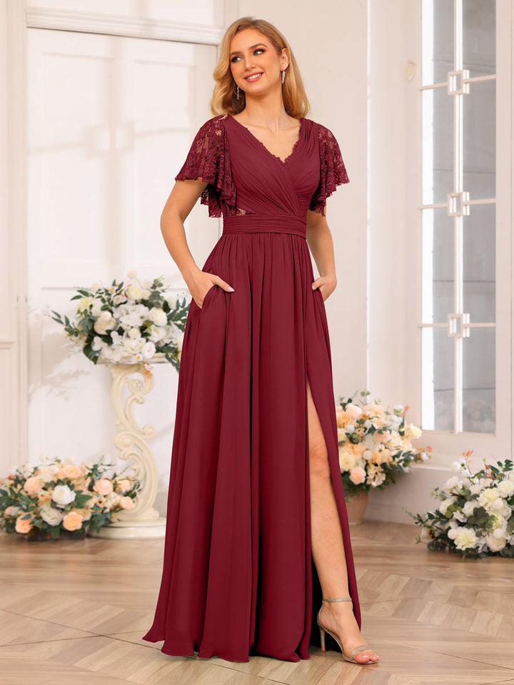 A-Line/Princess V-Neck Long Wedding Party Dresses with Split Side &amp; Pockets