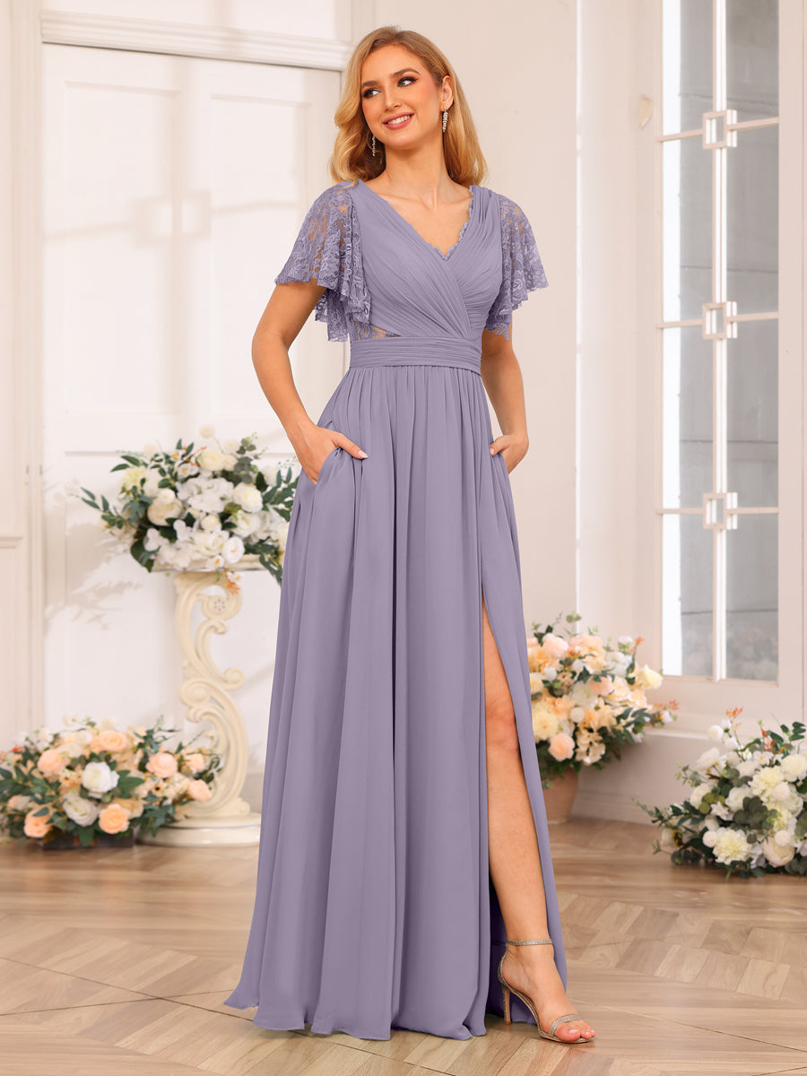 A-Line/Princess V-Neck Long Wedding Party Dresses with Split Side &amp; Pockets