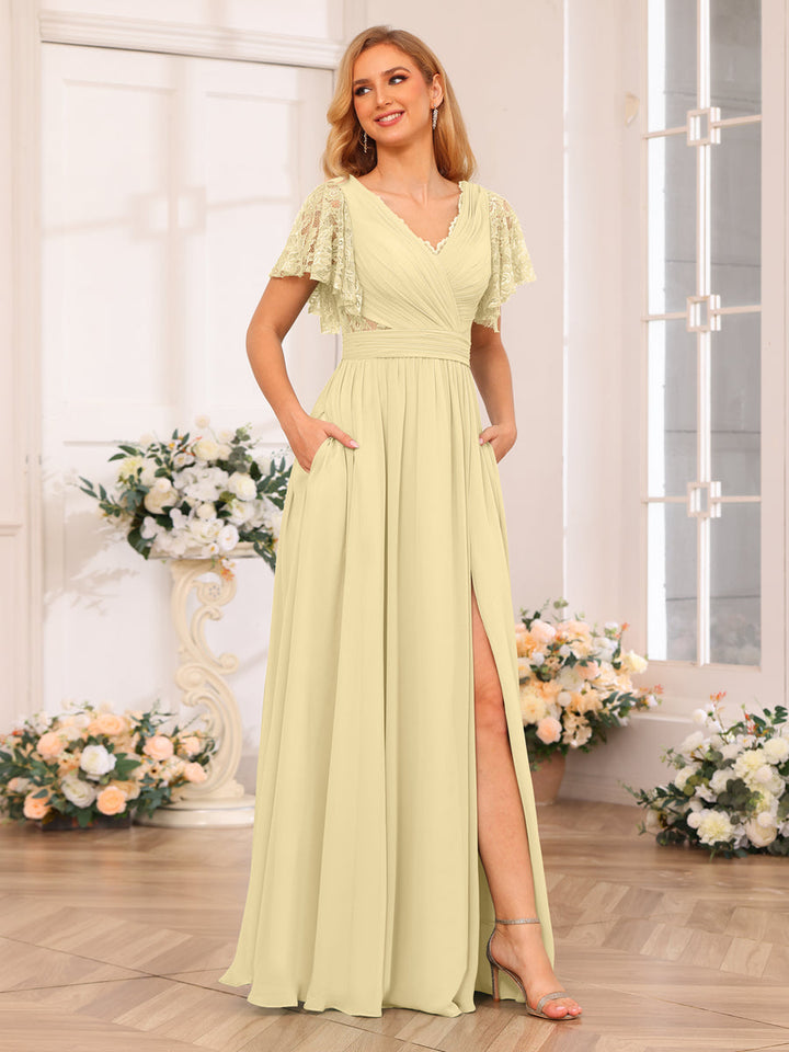 A-Line/Princess V-Neck Long Wedding Party Dresses with Split Side &amp; Pockets