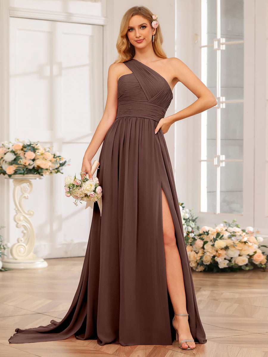 Lavetir Bridesmaid Dresses Brown A-Line/Princess One-Shoulder Long Wedding Party Dresses with Watteau Train 2026