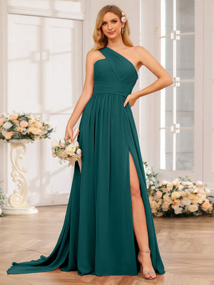 A-Line/Princess One-Shoulder Long Wedding Party Dresses with Watteau Train