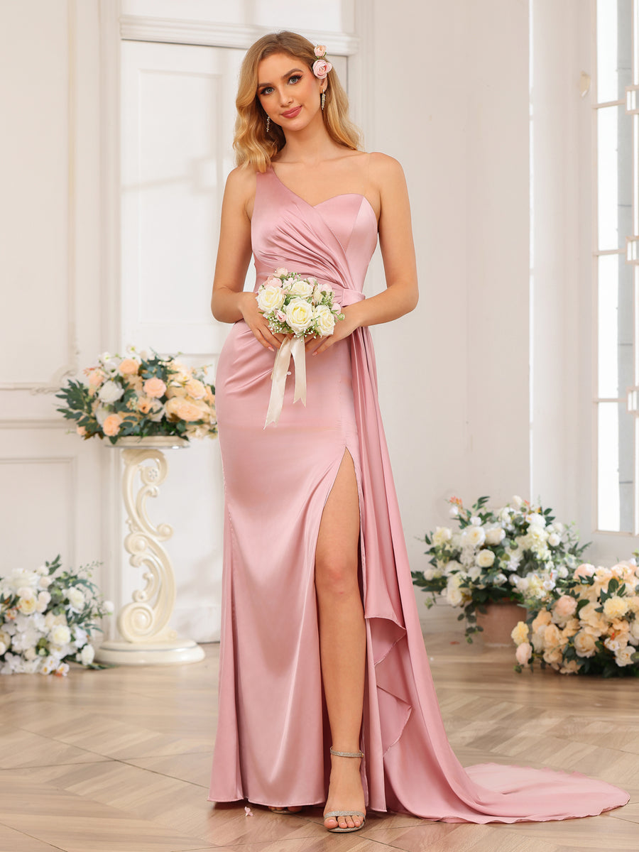 Sheath/Column One-Shoulder Long Formal Dresses with Watteau Train