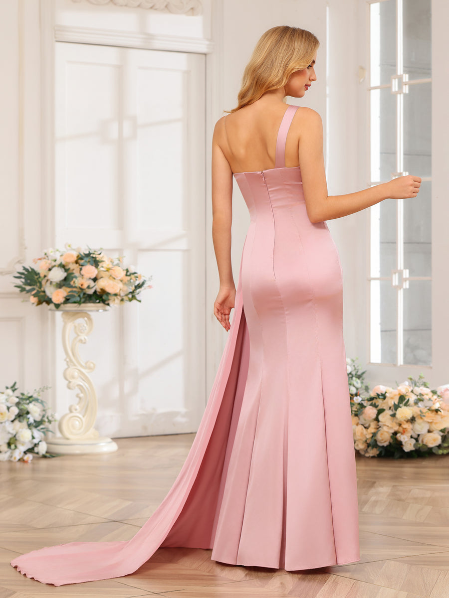 Sheath/Column One-Shoulder Long Formal Dresses with Watteau Train