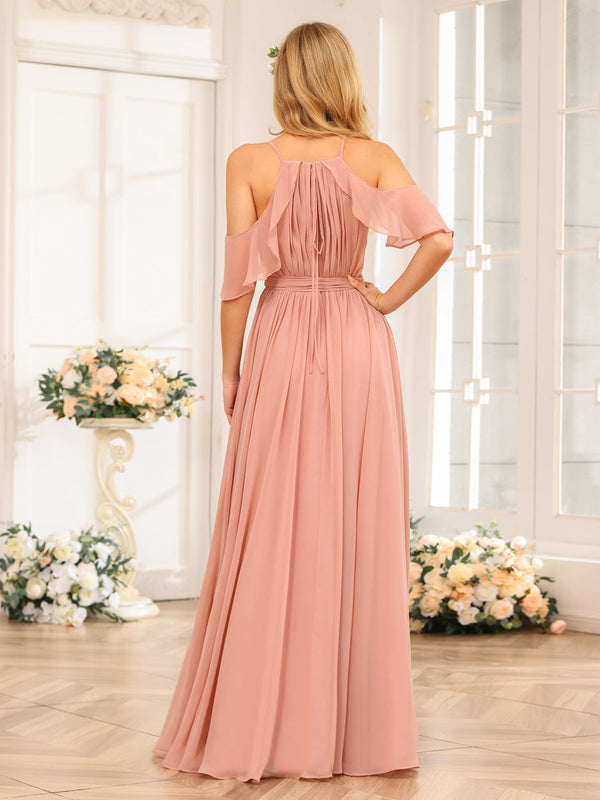 A-Line/Princess Halter Long Wedding Party Dresses with Split Side & Sash