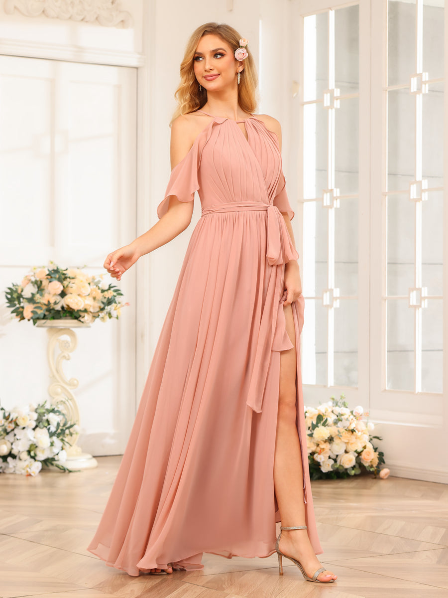 A-Line/Princess Halter Long Wedding Party Dresses with Split Side &amp; Sash
