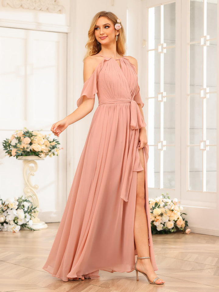 A-Line/Princess Halter Long Wedding Party Dresses with Split Side &amp; Sash