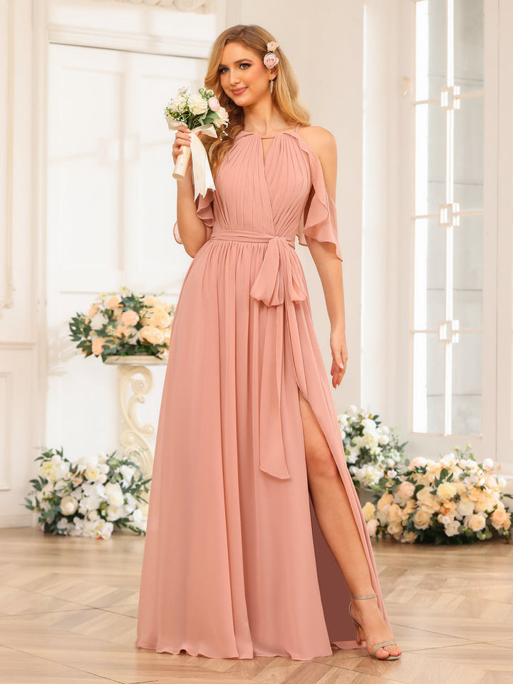 A-Line/Princess Halter Long Wedding Party Dresses with Split Side &amp; Sash