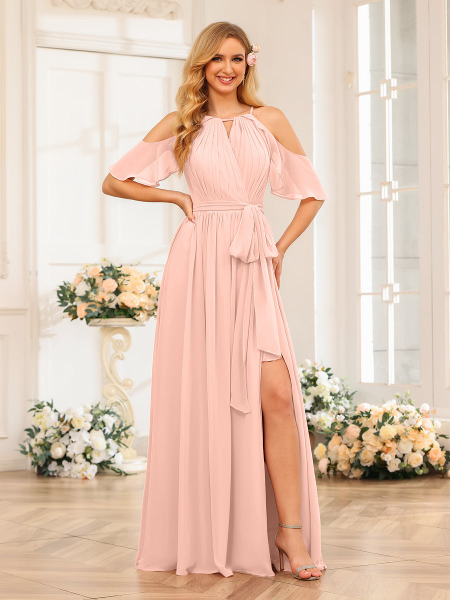 A-Line/Princess Halter Long Wedding Party Dresses with Split Side &amp; Sash