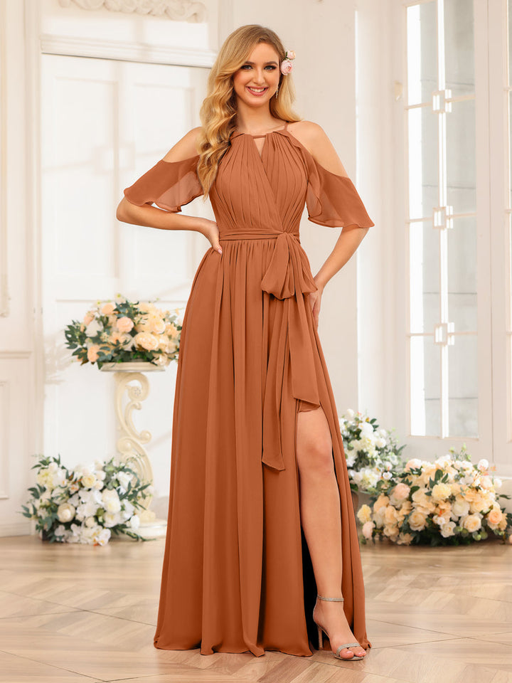 A-Line/Princess Halter Long Wedding Party Dresses with Split Side &amp; Sash