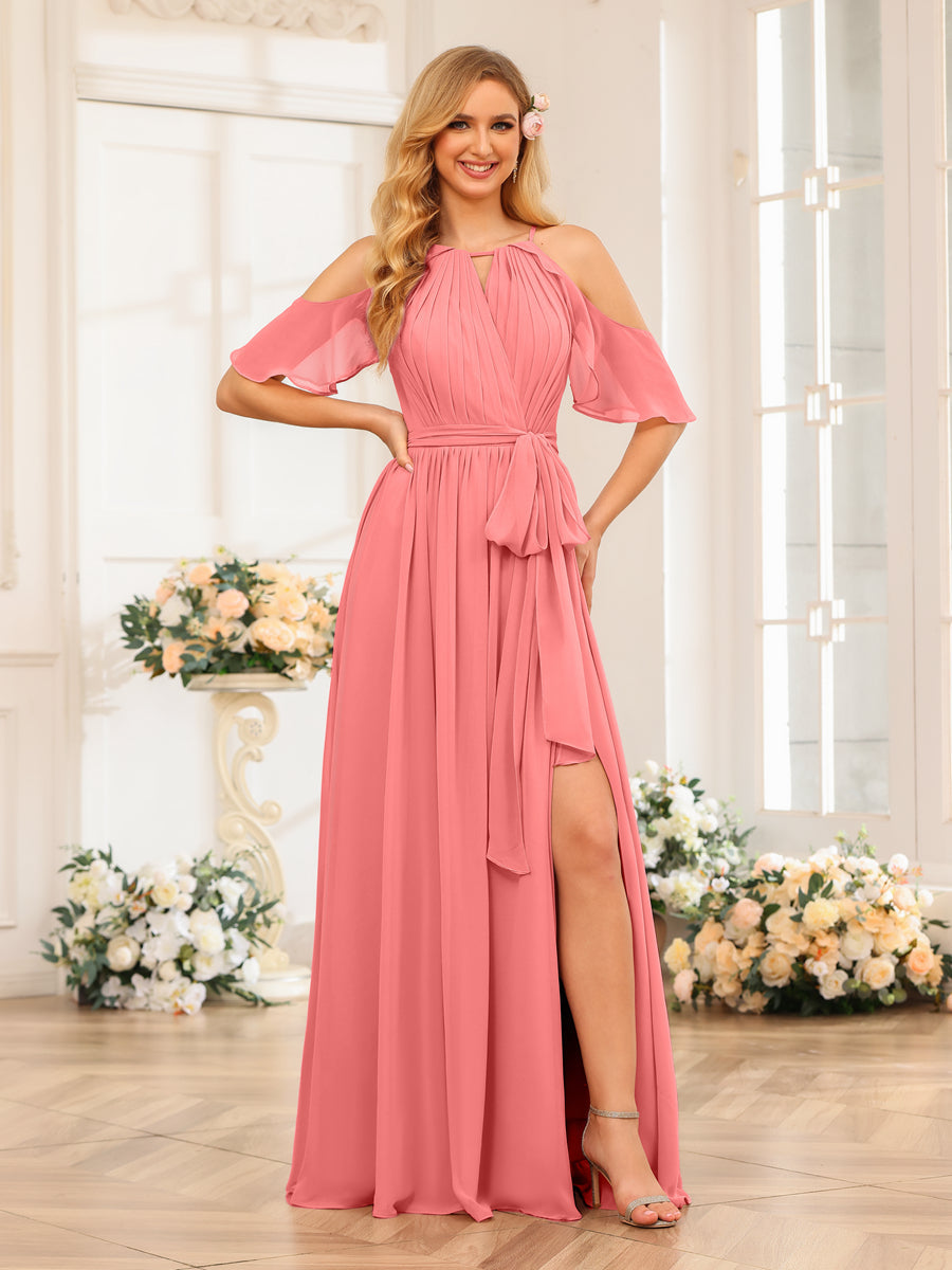 A-Line/Princess Halter Long Wedding Party Dresses with Split Side &amp; Sash