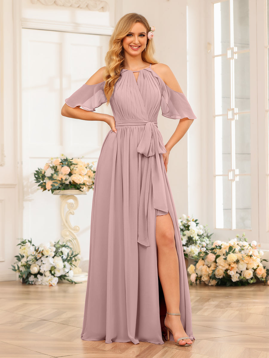 A-Line/Princess Halter Long Wedding Party Dresses with Split Side &amp; Sash