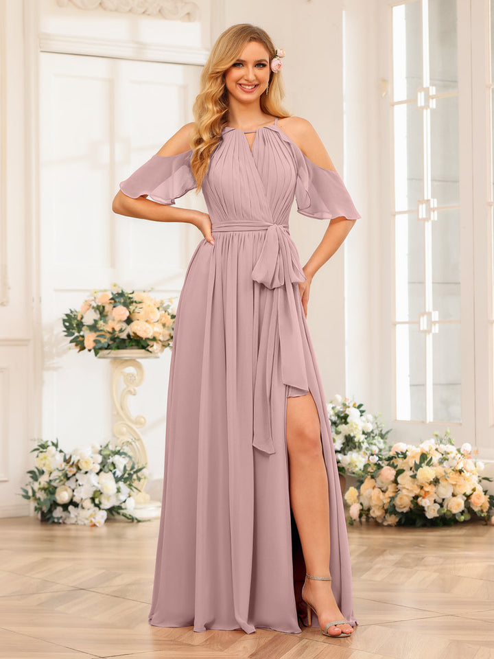 A-Line/Princess Halter Long Wedding Party Dresses with Split Side &amp; Sash