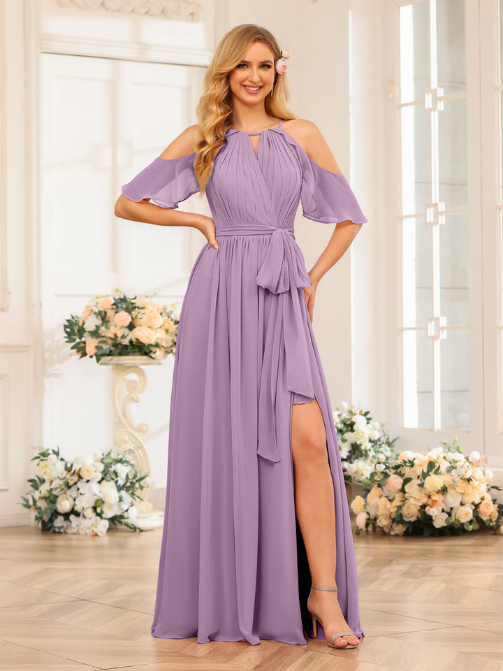 A-Line/Princess Halter Long Wedding Party Dresses with Split Side &amp; Sash