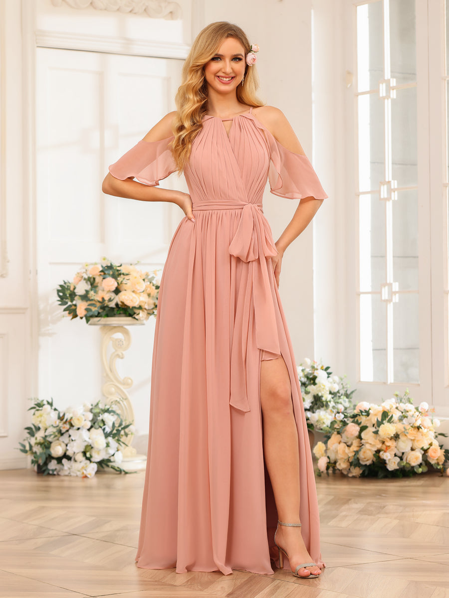 A-Line/Princess Halter Long Wedding Party Dresses with Split Side &amp; Sash