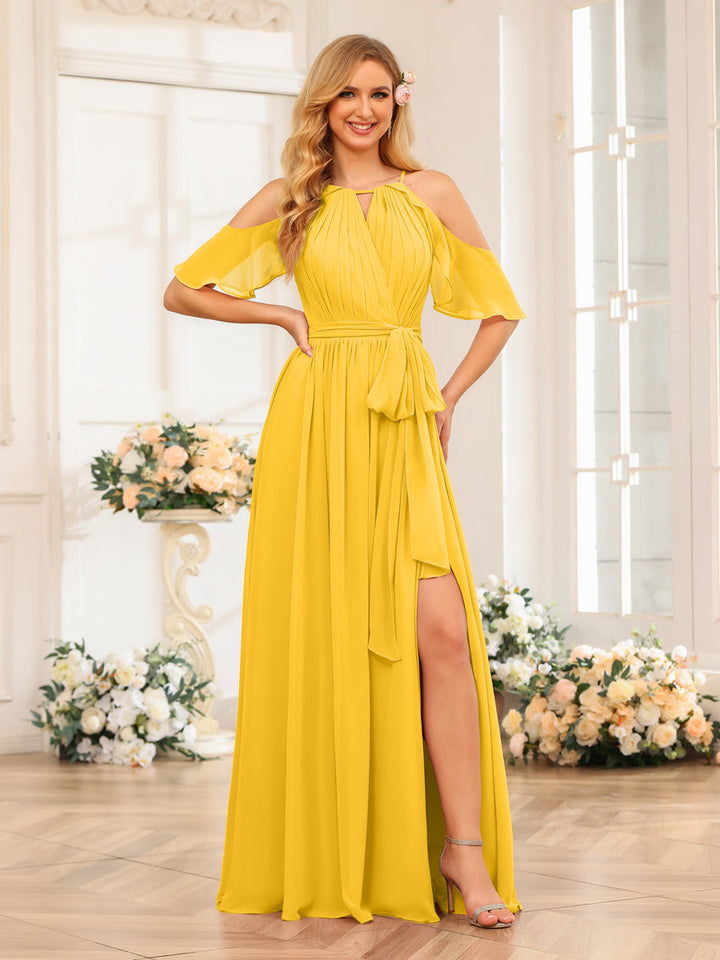 A-Line/Princess Halter Long Wedding Party Dresses with Split Side &amp; Sash