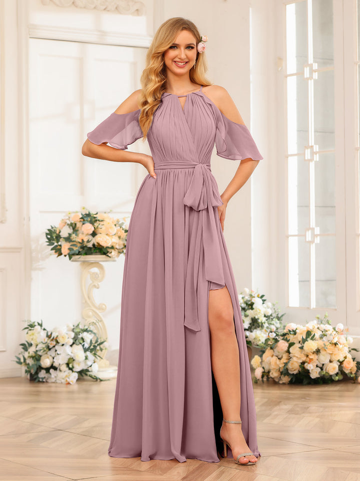 A-Line/Princess Halter Long Wedding Party Dresses with Split Side &amp; Sash