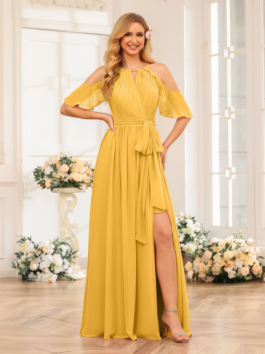 A-Line/Princess Halter Long Wedding Party Dresses with Split Side &amp; Sash