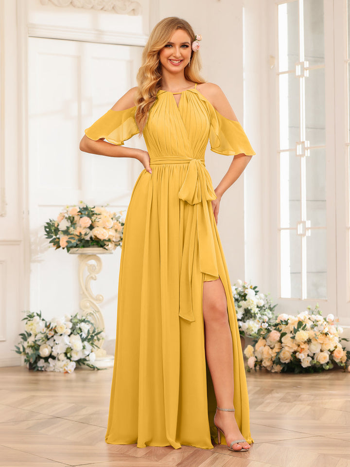 A-Line/Princess Halter Long Wedding Party Dresses with Split Side &amp; Sash