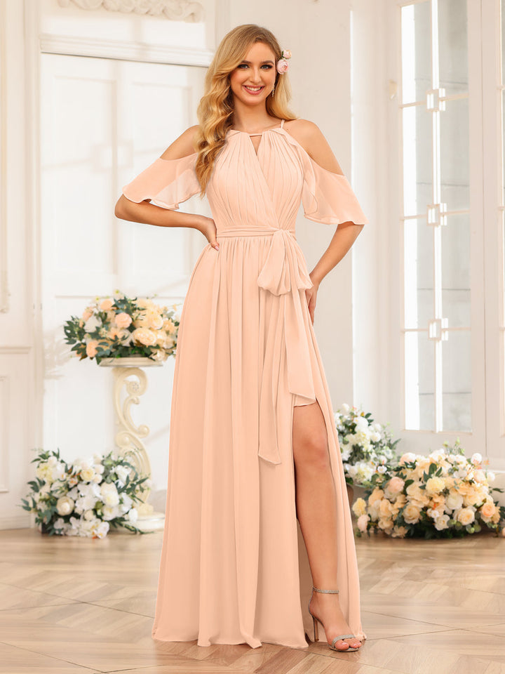 A-Line/Princess Halter Long Wedding Party Dresses with Split Side &amp; Sash