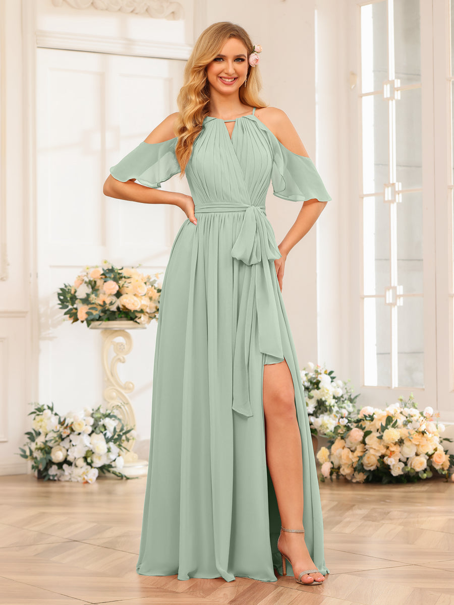 A-Line/Princess Halter Long Wedding Party Dresses with Split Side &amp; Sash