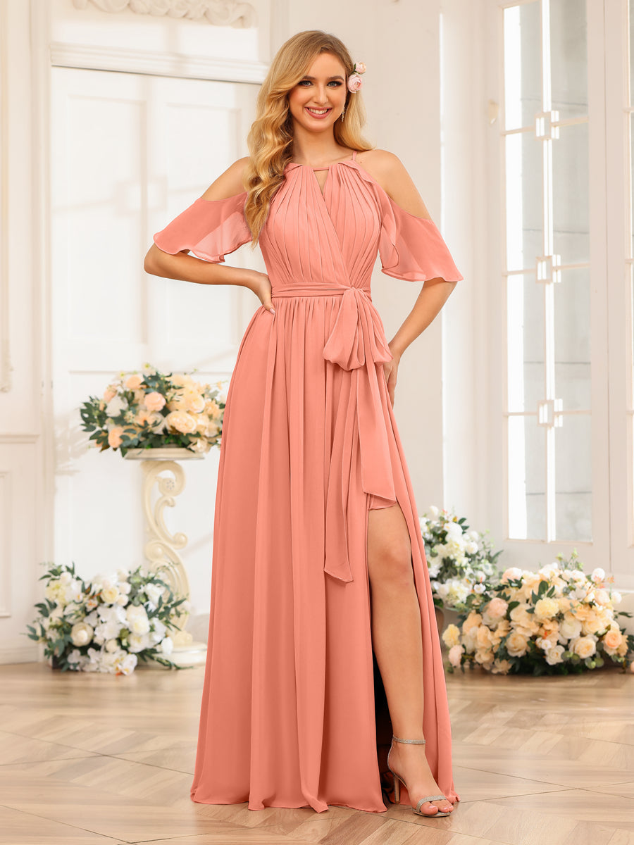 A-Line/Princess Halter Long Wedding Party Dresses with Split Side &amp; Sash