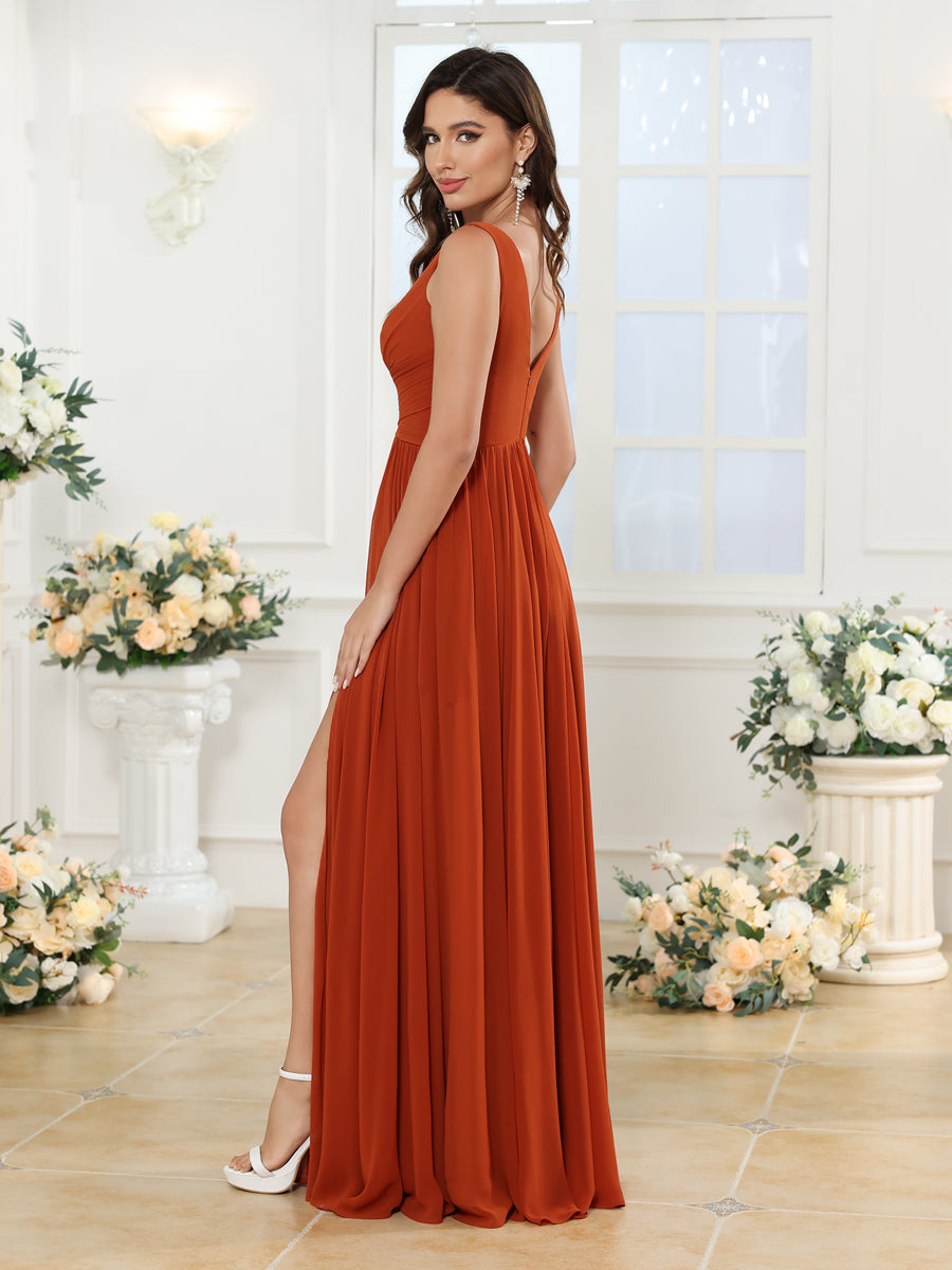A-Line/Princess V-Neck Long Wedding Party Dresses with Split Side &amp; Pockets