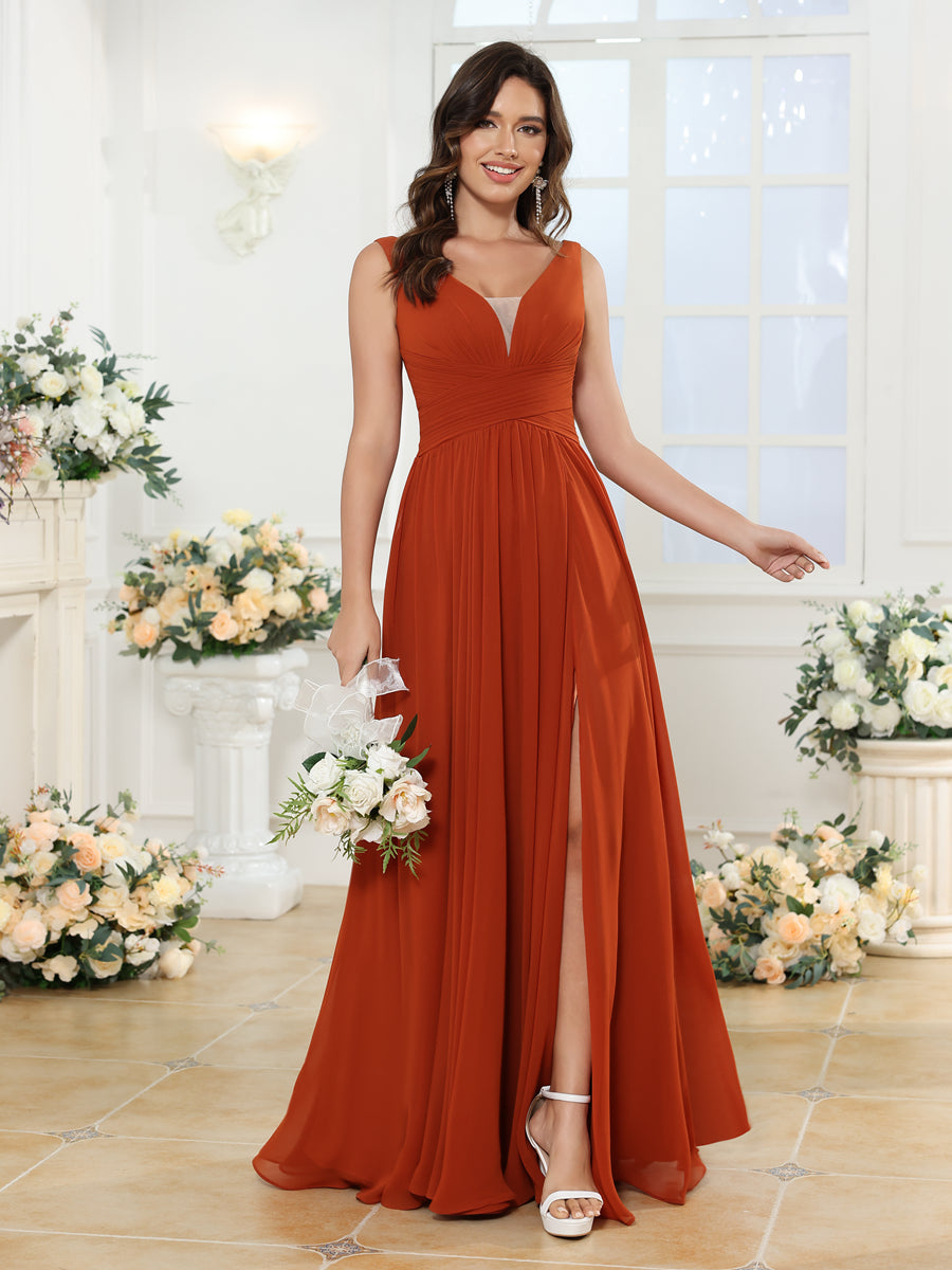 A-Line/Princess V-Neck Long Wedding Party Dresses with Split Side &amp; Pockets