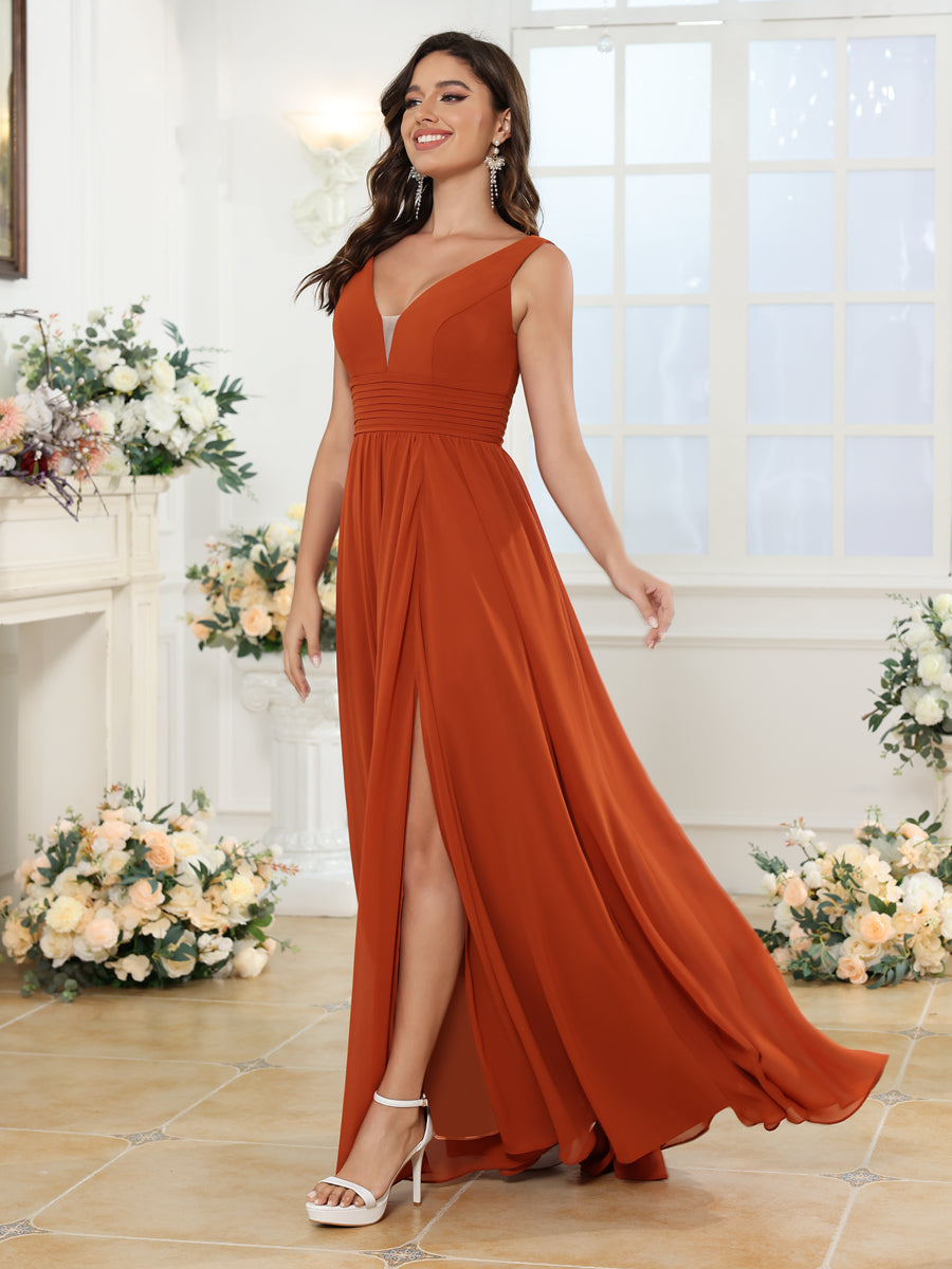 A-Line/Princess V-Neck Long Wedding Party Dresses with Split Side &amp; Pockets