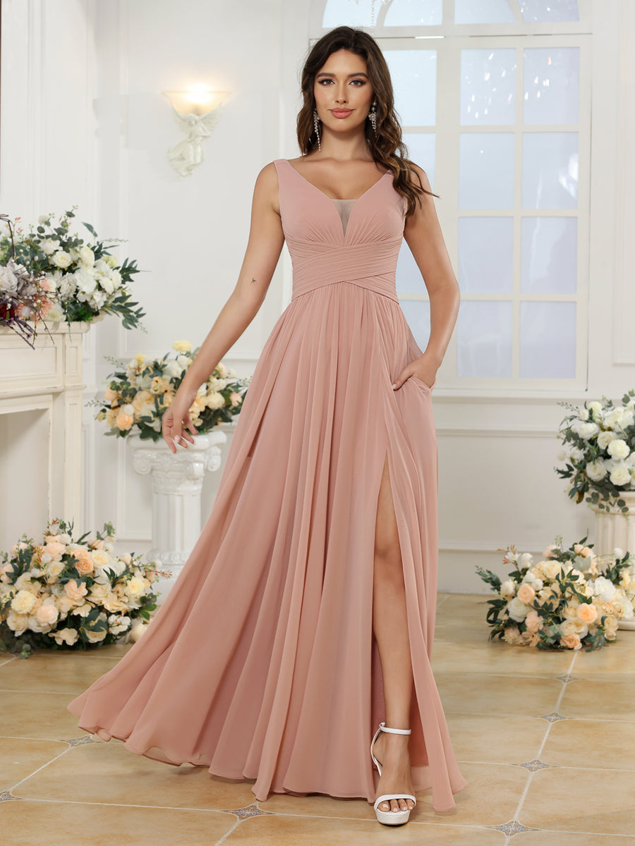 A-Line/Princess V-Neck Long Wedding Party Dresses with Split Side &amp; Pockets