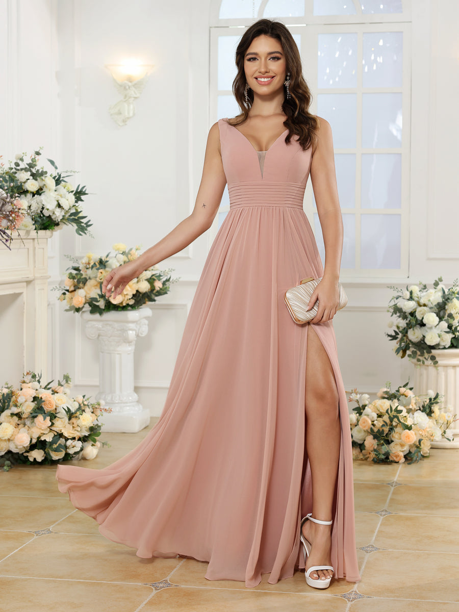 A-Line/Princess V-Neck Long Wedding Party Dresses with Split Side & Pockets
