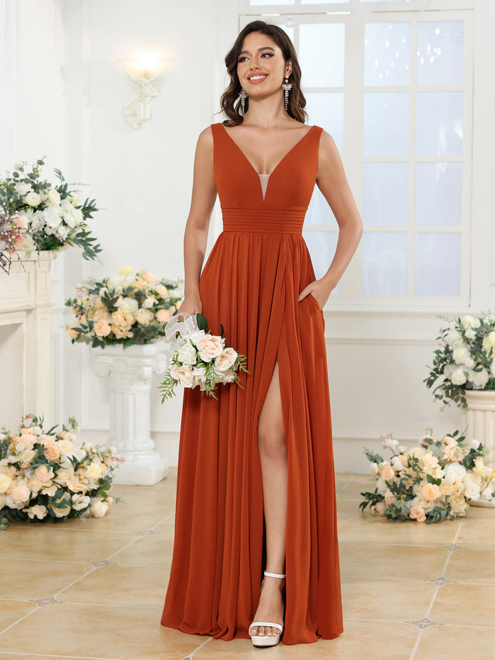 A-Line/Princess V-Neck Long Wedding Party Dresses with Split Side &amp; Pockets