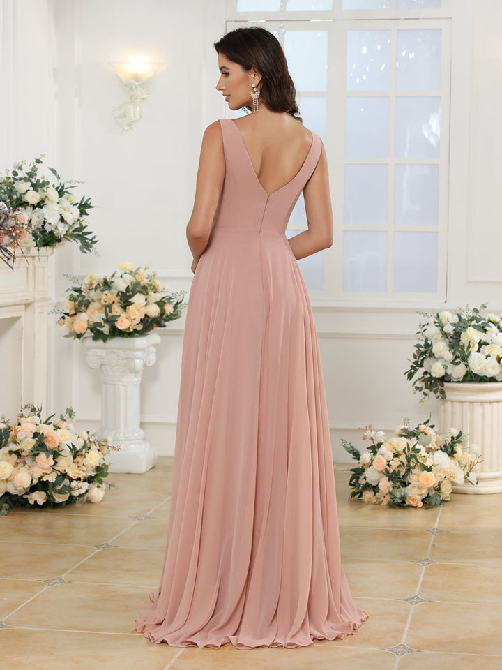A-Line/Princess V-Neck Long Wedding Party Dresses with Split Side &amp; Pockets