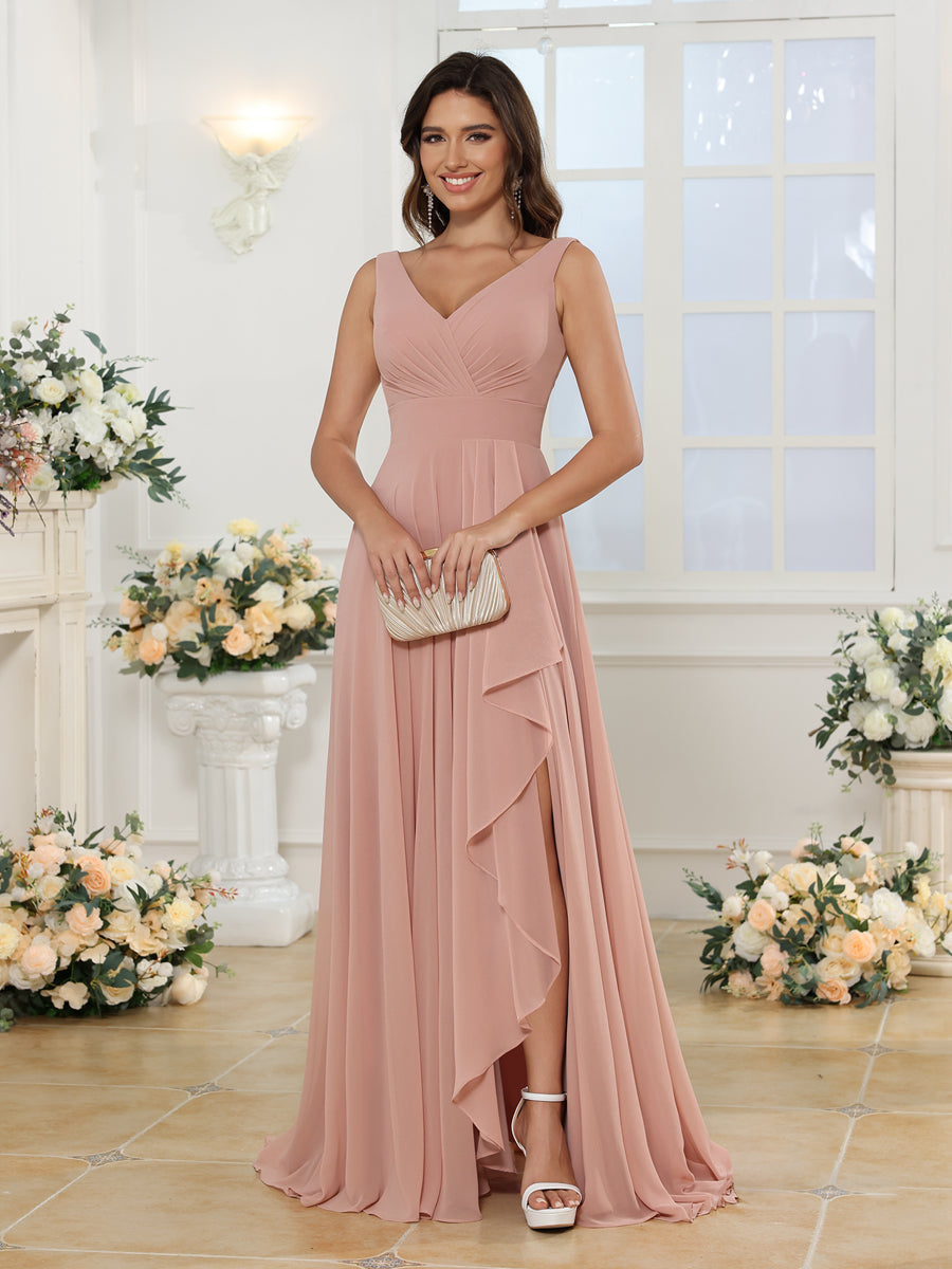 A-Line/Princess V-Neck Long Wedding Party Dresses with Split Side &amp; Pockets