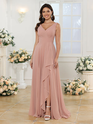 A-Line/Princess V-Neck Long Wedding Party Dresses with Split Side & Pockets