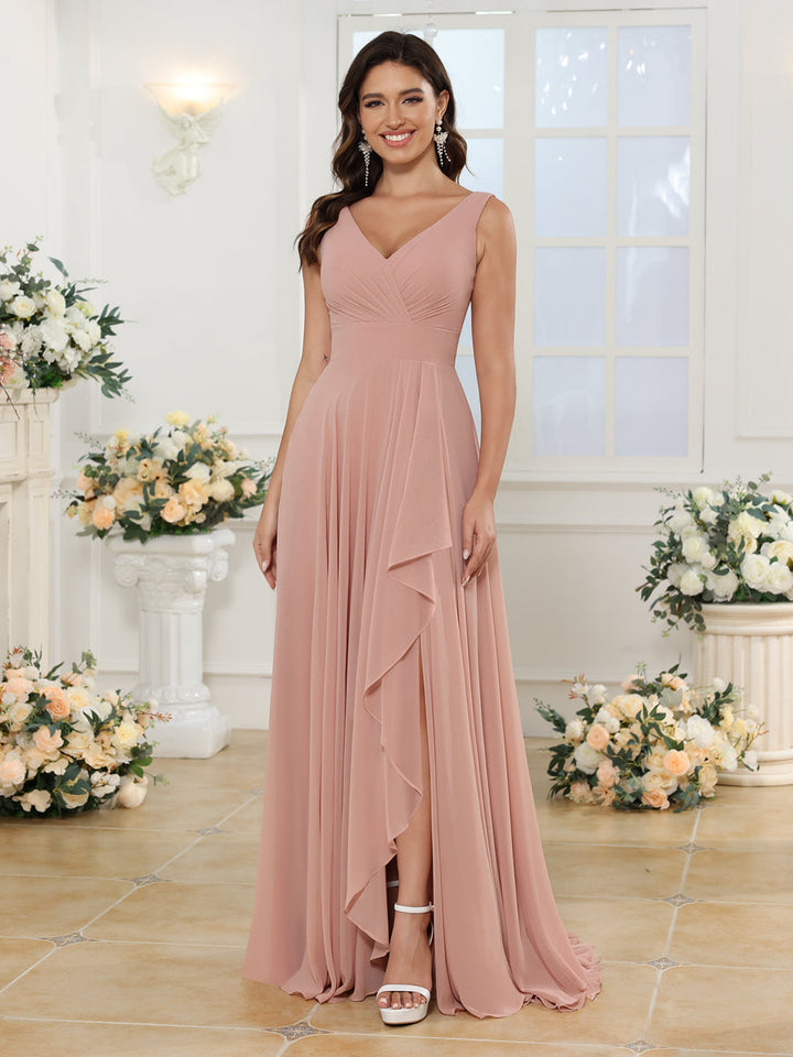 A-Line/Princess V-Neck Long Wedding Party Dresses with Split Side &amp; Pockets